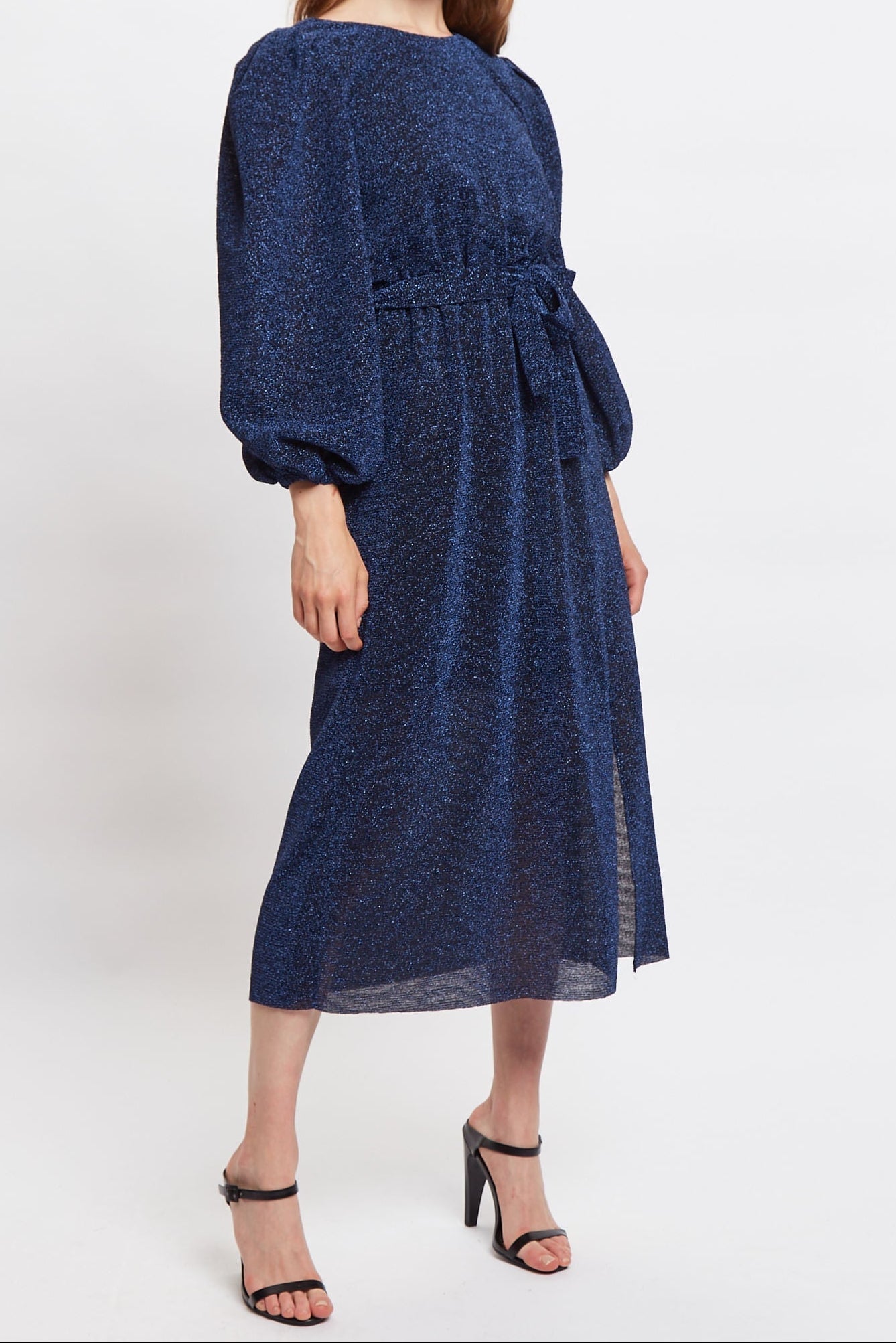 Louche Roza Lurex Jersey V Back Midi Dress - Navy