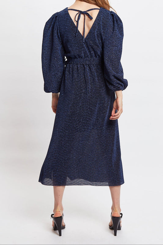 Louche Roza Lurex Jersey V Back Midi Dress - Navy