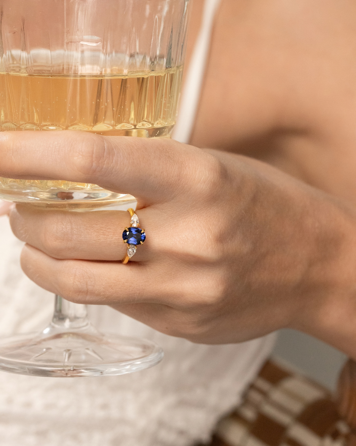 Blue Sapphire Oval Three Stone Engagement Ring in 18k Gold Vermeil