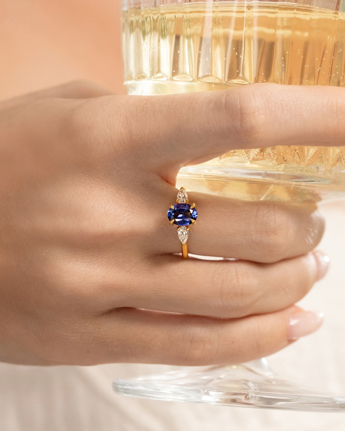 Blue Sapphire Oval Three Stone Engagement Ring in 18k Gold Vermeil