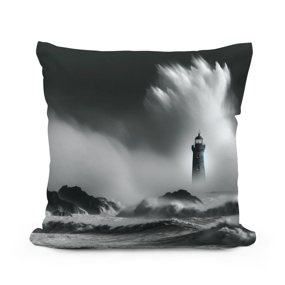 Solitary Beacon: Stormy Seas Cotton Cushion