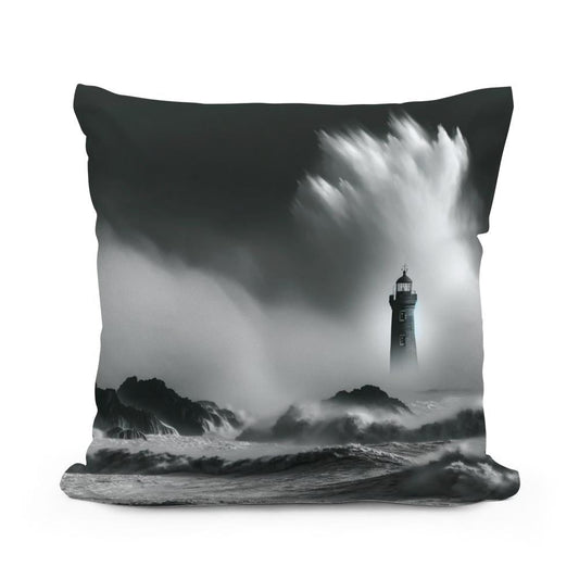 Solitary Beacon: Stormy Seas Cotton Cushion