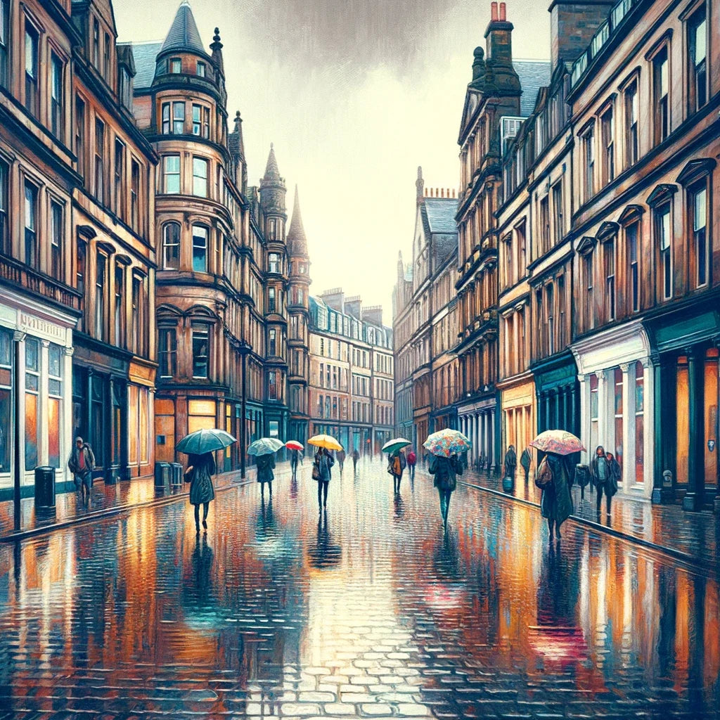 Rainy Glasgow Street Cotton Cushion