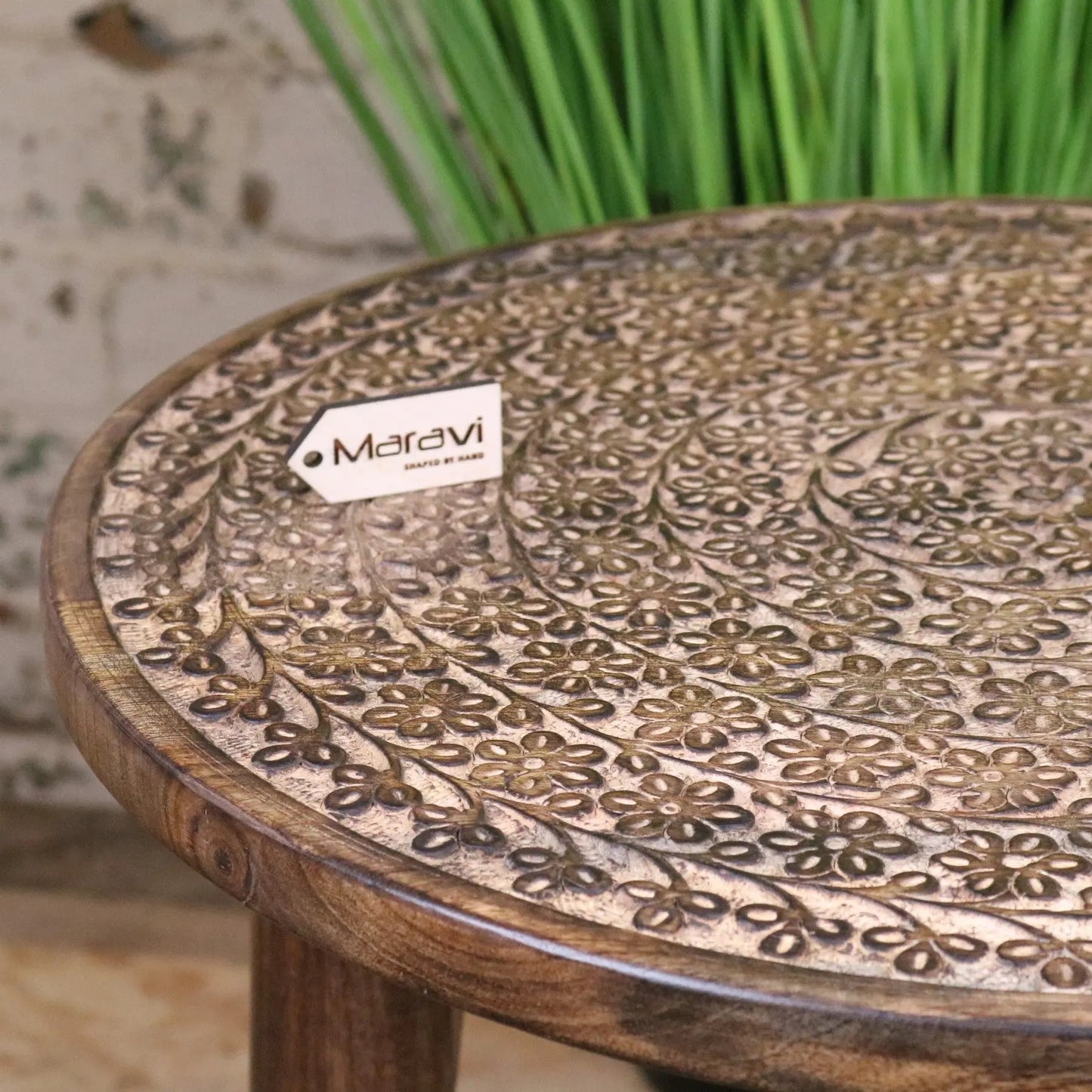 Rawlan Carved Wooden Side Table Burnt Finish