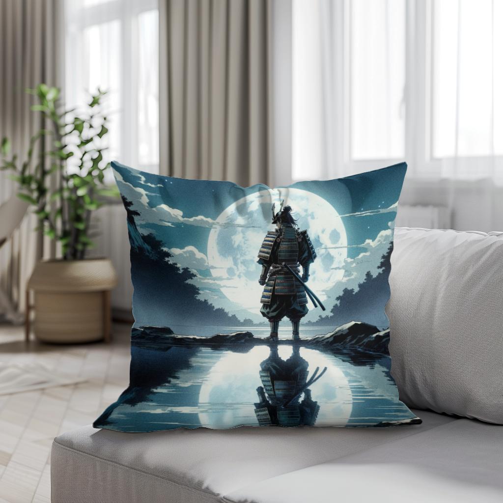 Moonlit Samurai Reflection Cotton Cushion