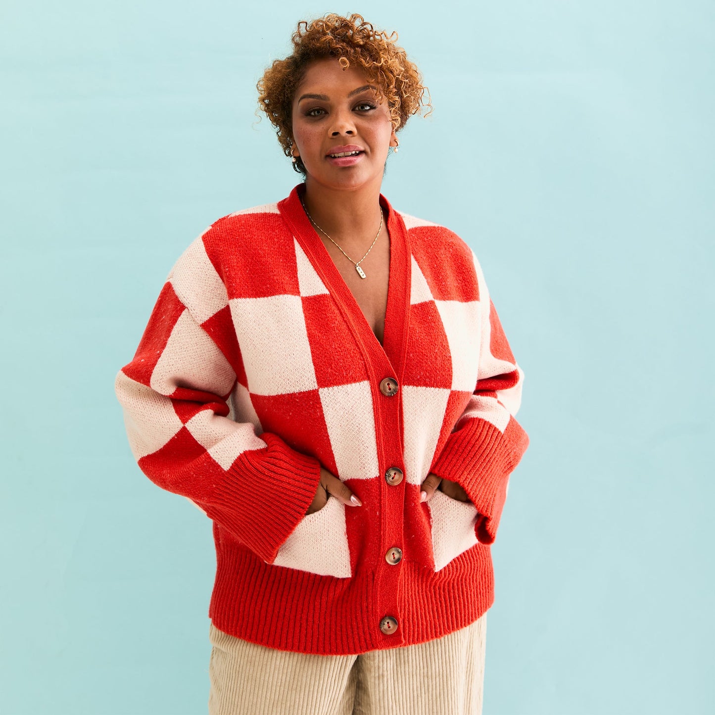 Candice Checkerboard Wide Sleeve Cardigan - Red & White