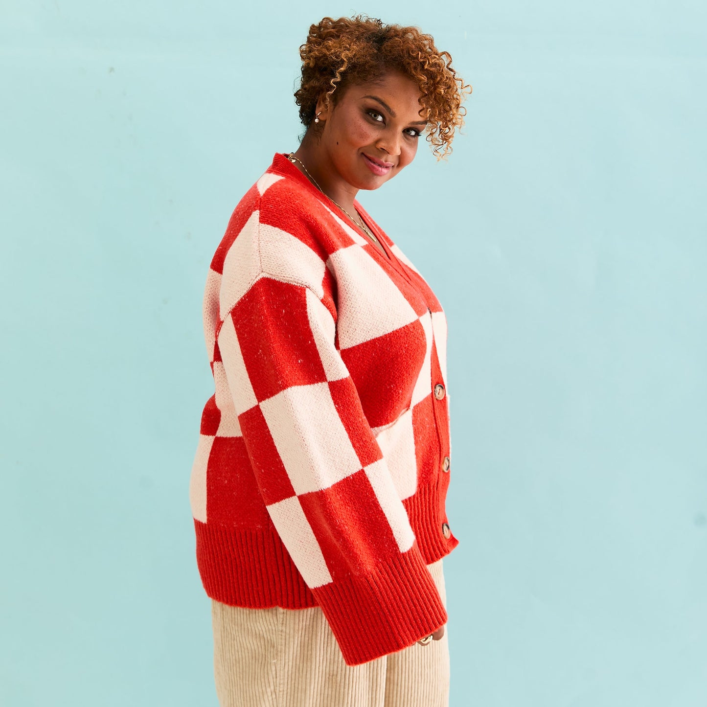 Candice Checkerboard Wide Sleeve Cardigan - Red & White
