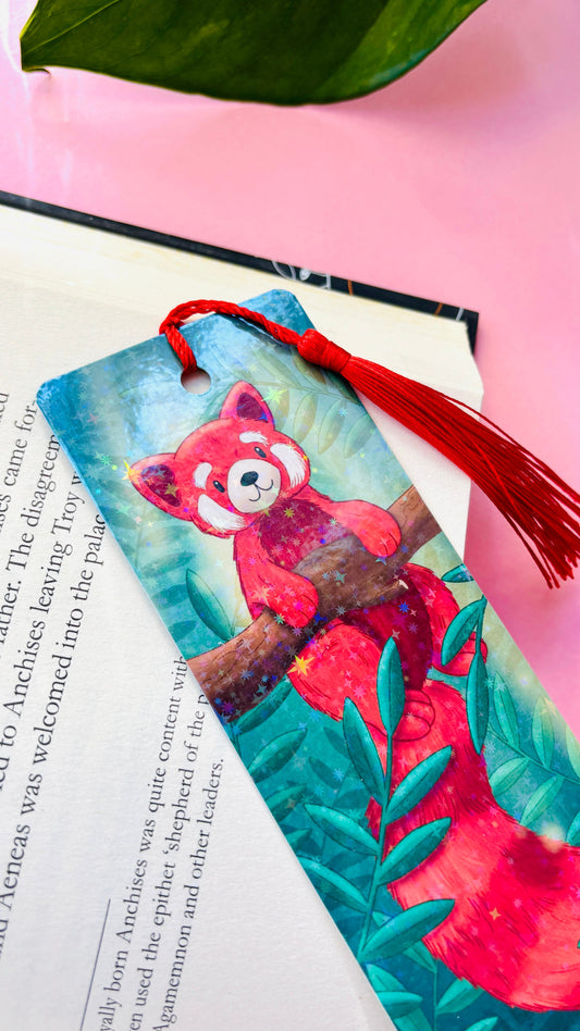 Red Panda Bookmark – Holographic Rainbow Bookmark with Tassel