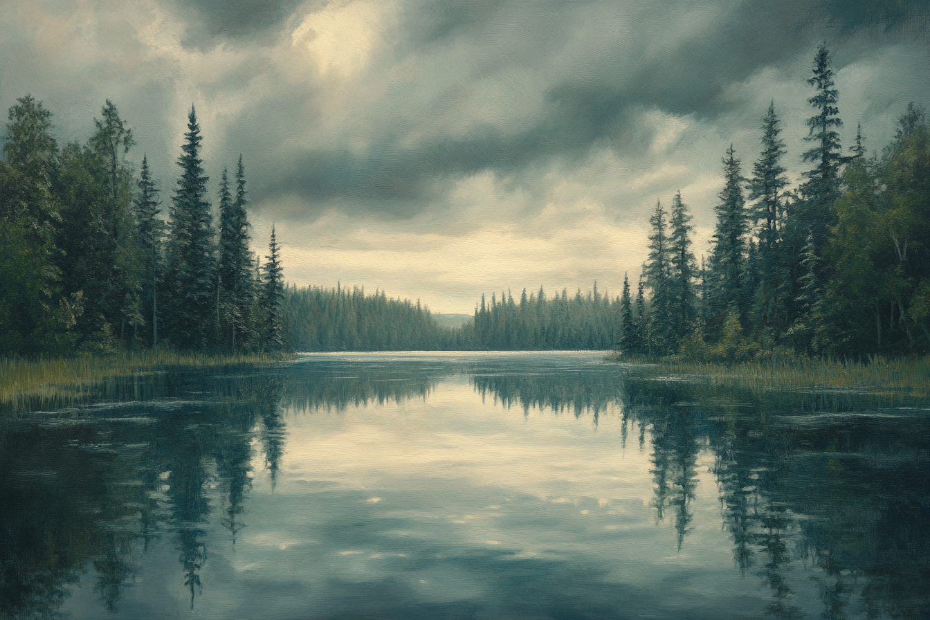 Reflective Pines under Grey Canvas