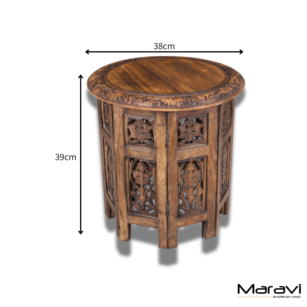 Rengali Medium Mango Wood Side Table Leaf Carving