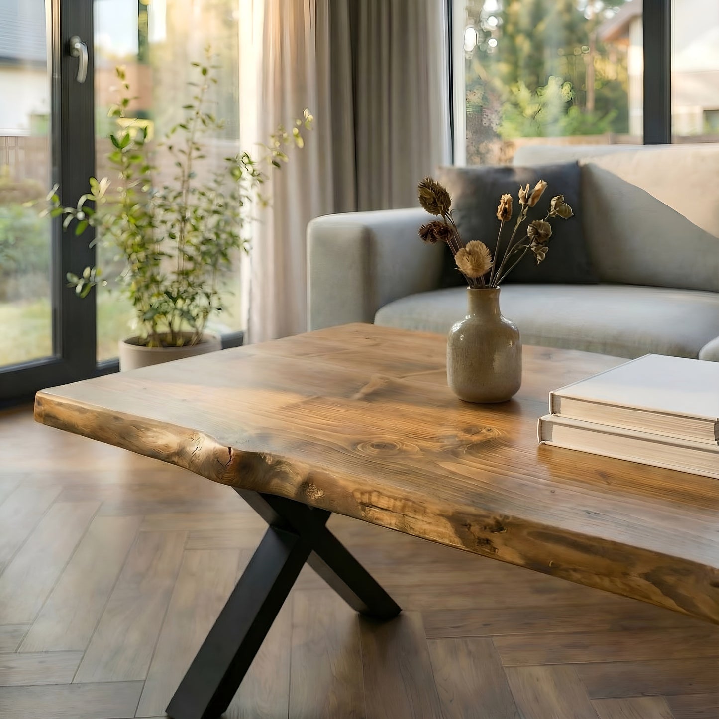 RITA Live / Waney Edge Coffee Table With Metal X Legs