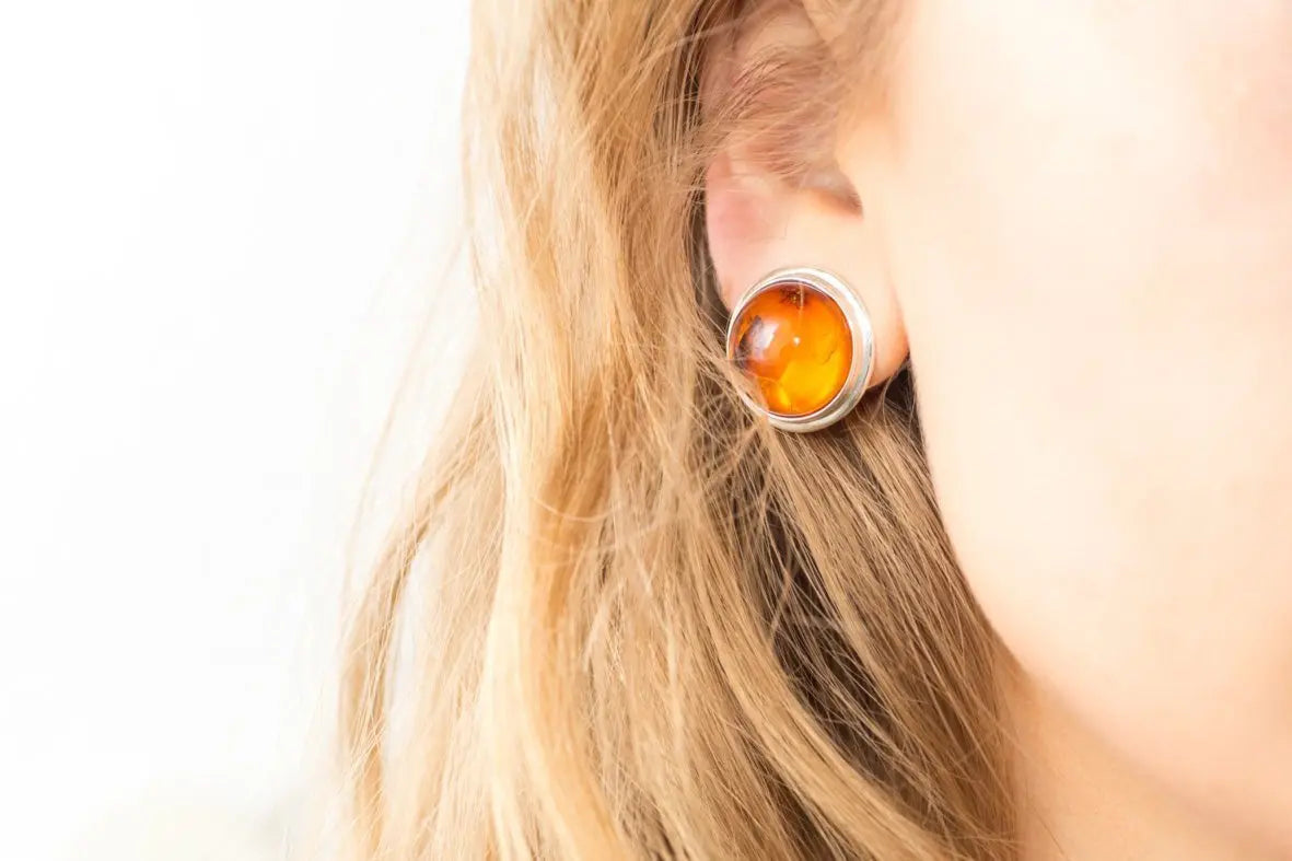 Round Amber Clip On Earrings