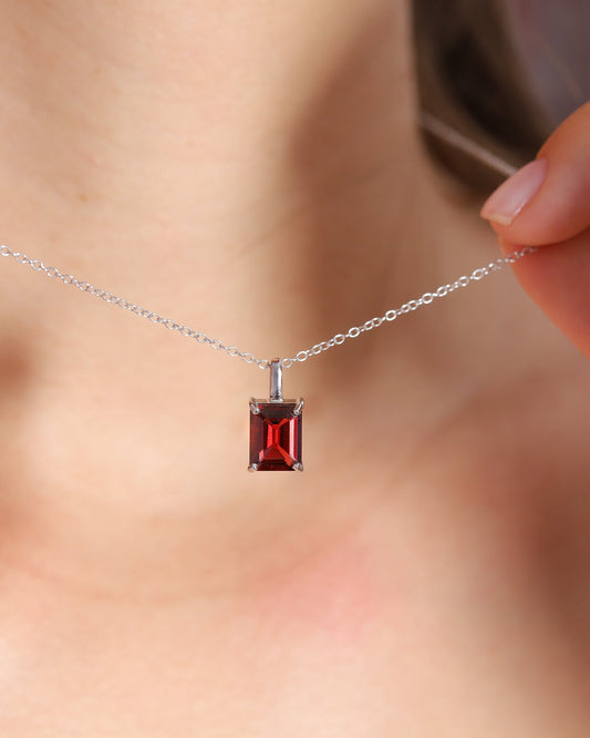 Garnet Emerald Cut Pendant Necklace in Sterling Silver