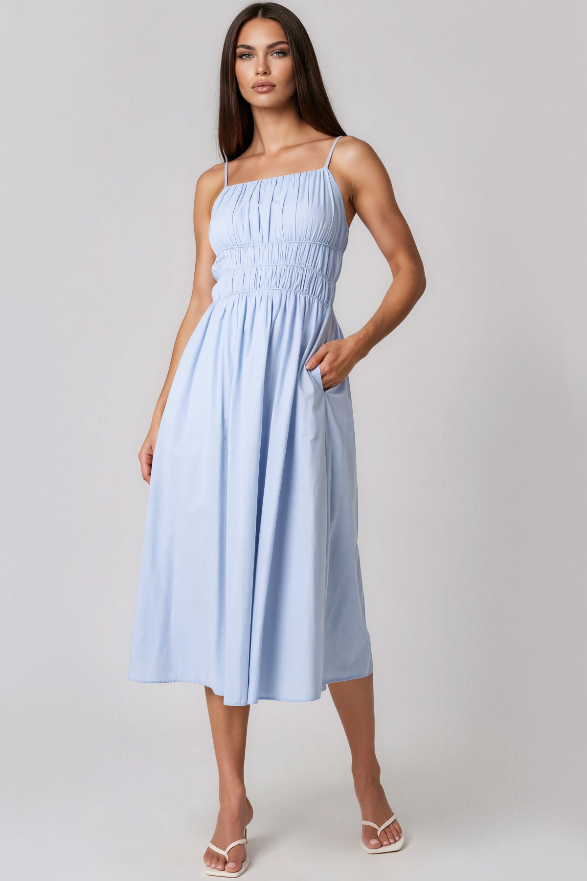 Blue Ruched Strappy Cotton Midi Dress