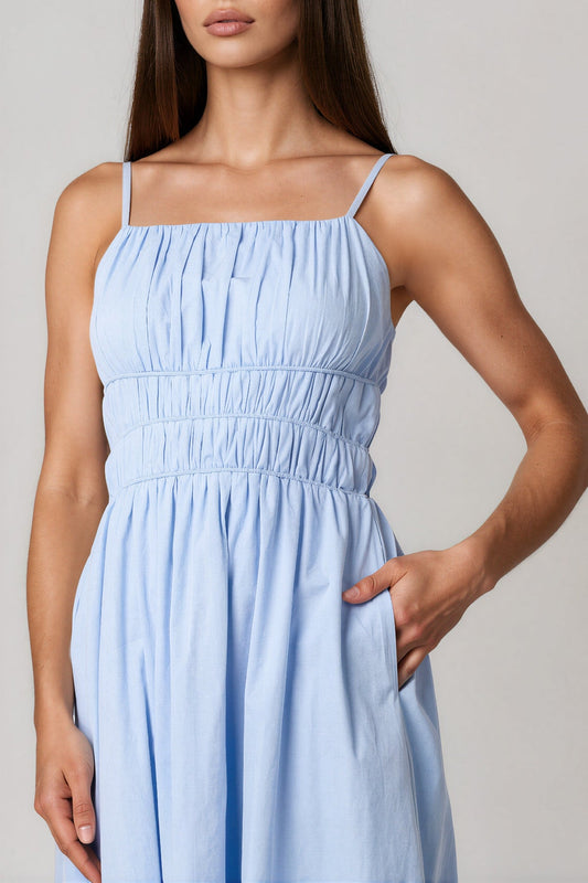 Blue Ruched Strappy Cotton Midi Dress