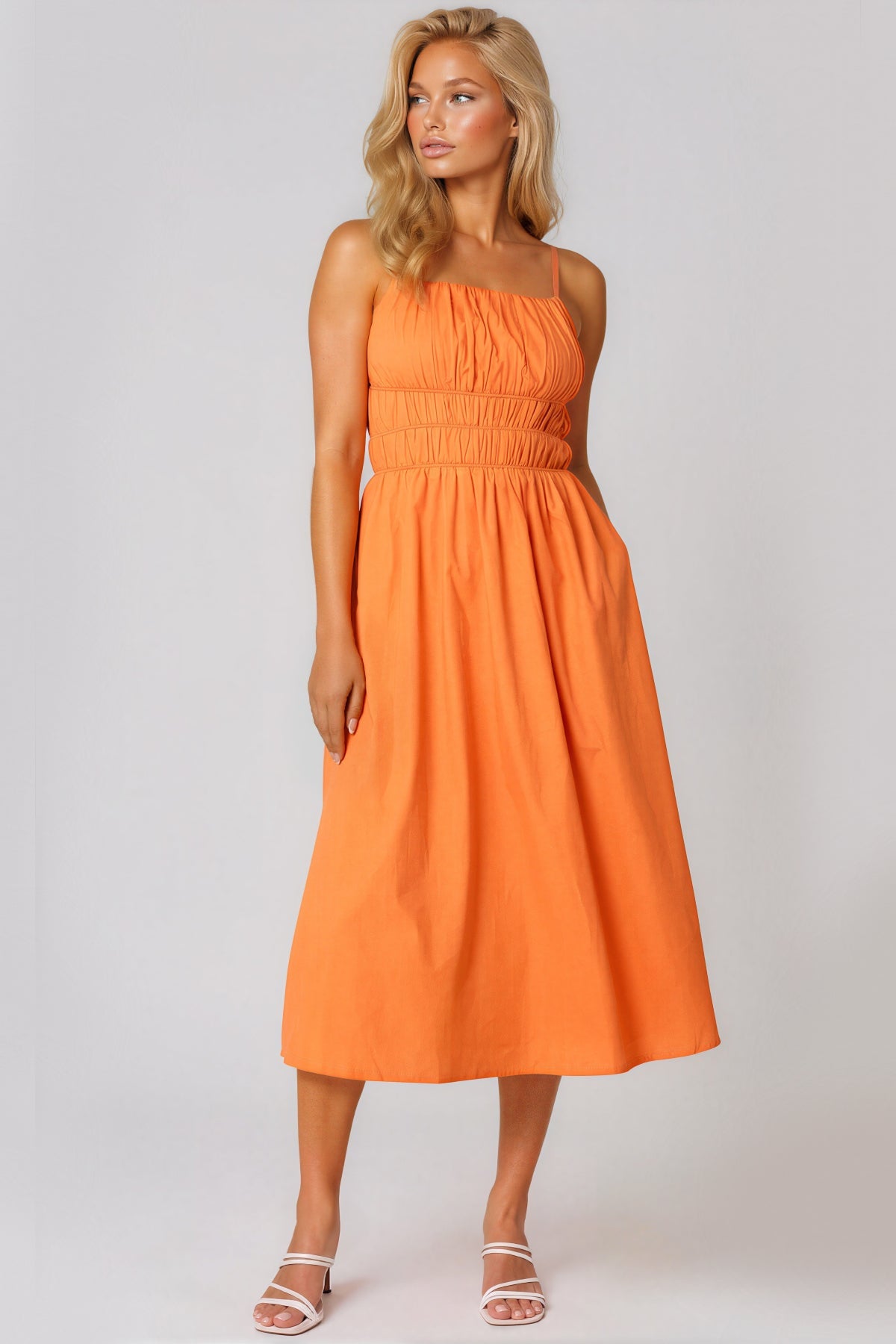 Orange Ruched Strappy Cotton Midi Dress