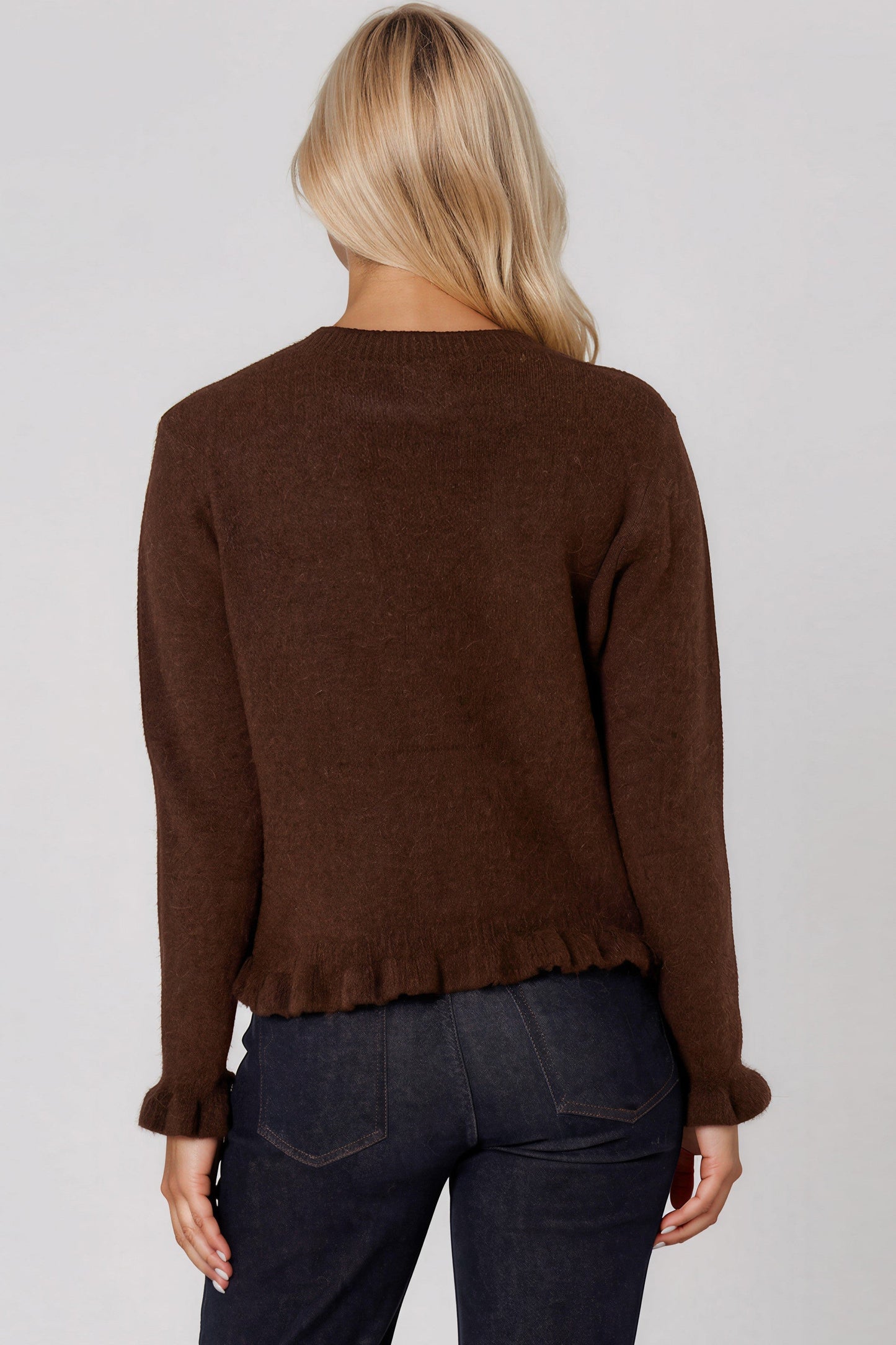 Brown Ruffled Trim Wool Blend Cardigan