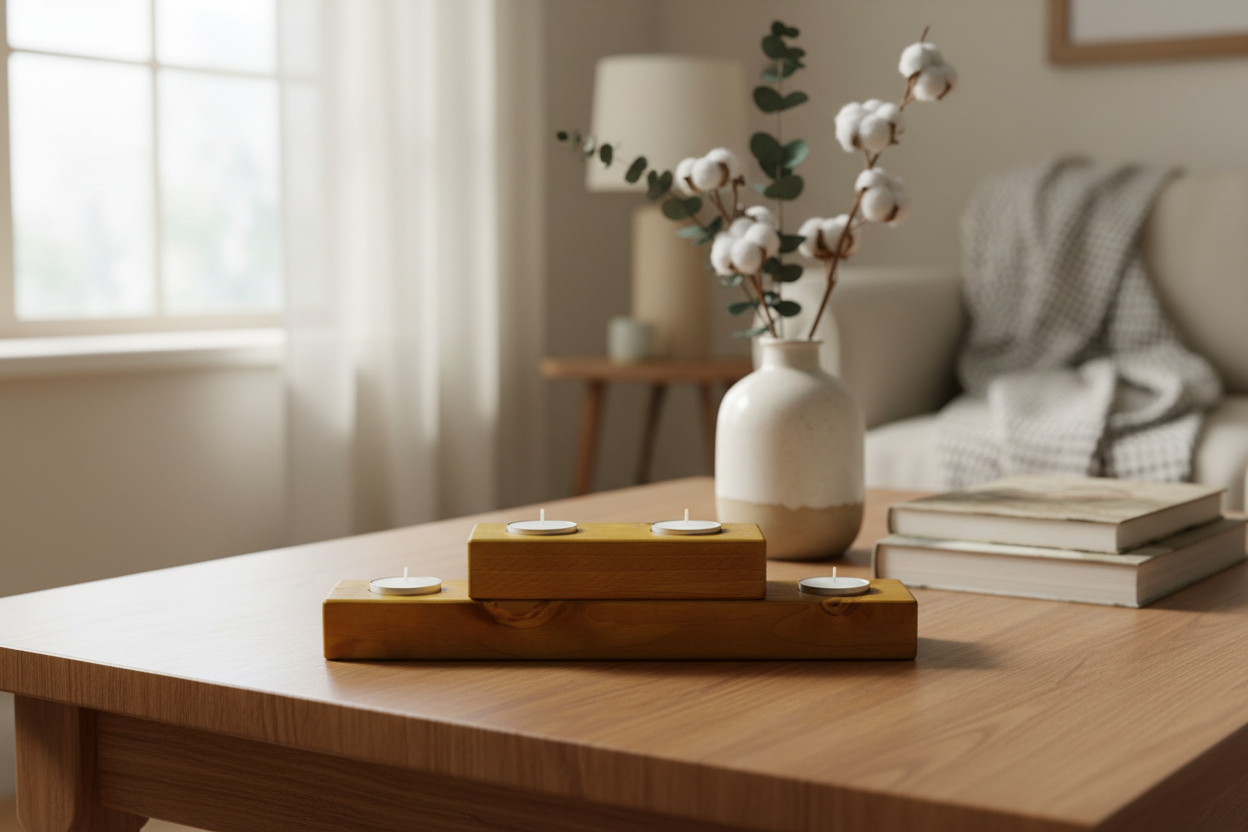 Rustic Wooden T-Light candle holder 2 tier 4 candles