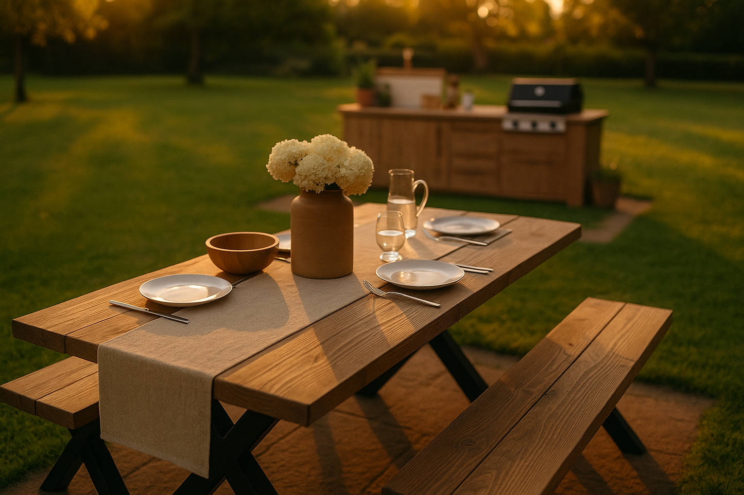 Outdoor Farmhouse Dining Table With Bench and Black Metal Cross Legs