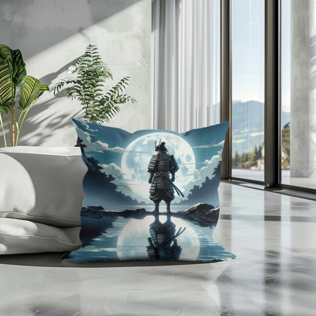 Moonlit Samurai Reflection Cotton Cushion