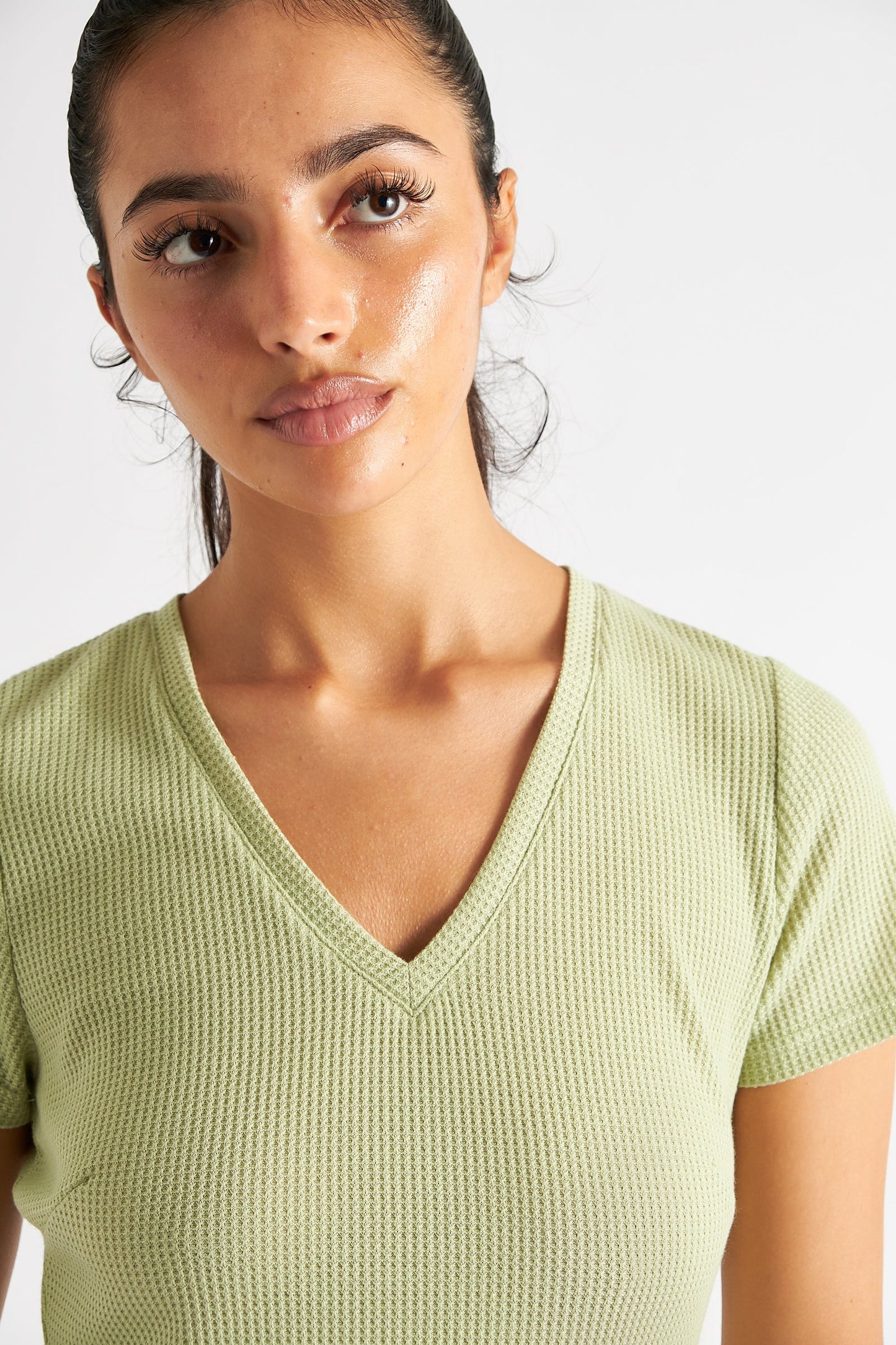 Sam Waffle Knit V-Neck Mini Dress - Pistachio