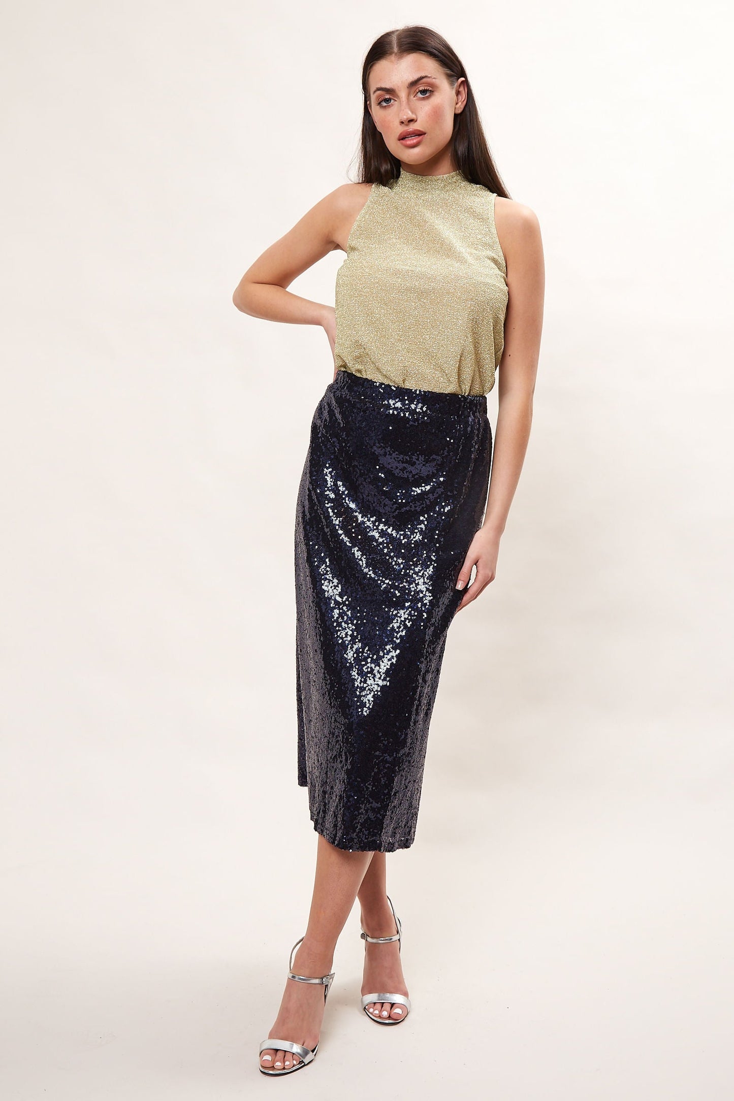 Louche Saro Sequin Midi Skirt - Navy