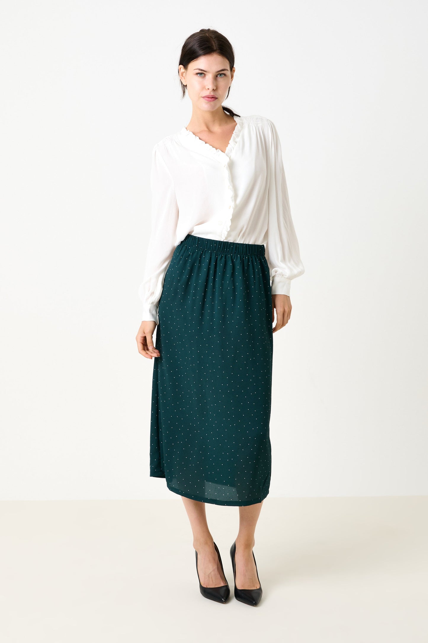 Saro Micro Dot Dark Green Bias Midi Skirt