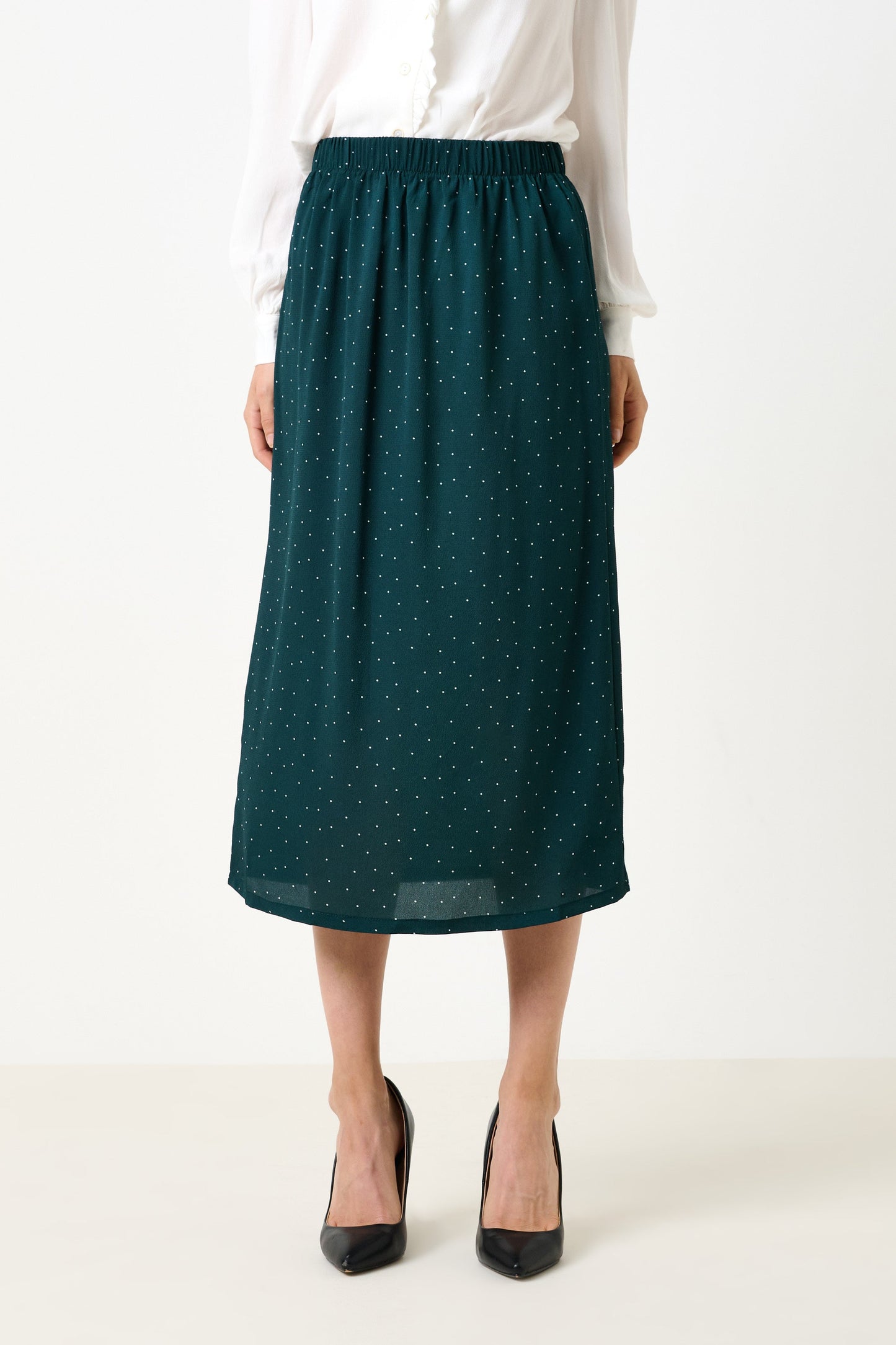 Saro Micro Dot Dark Green Bias Midi Skirt