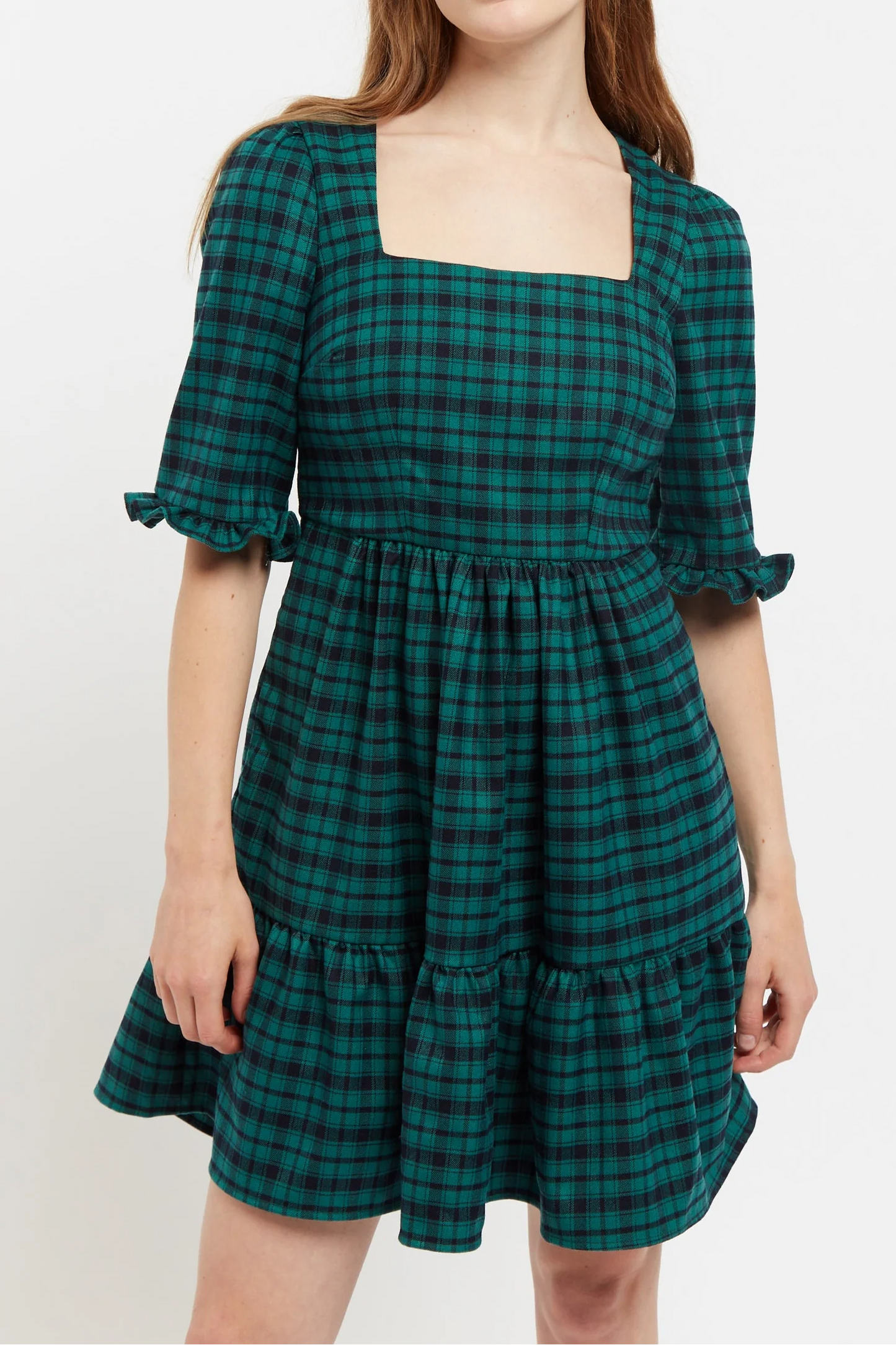 Sassa Winter Gingham Tiered Mini Dress in Green and Black