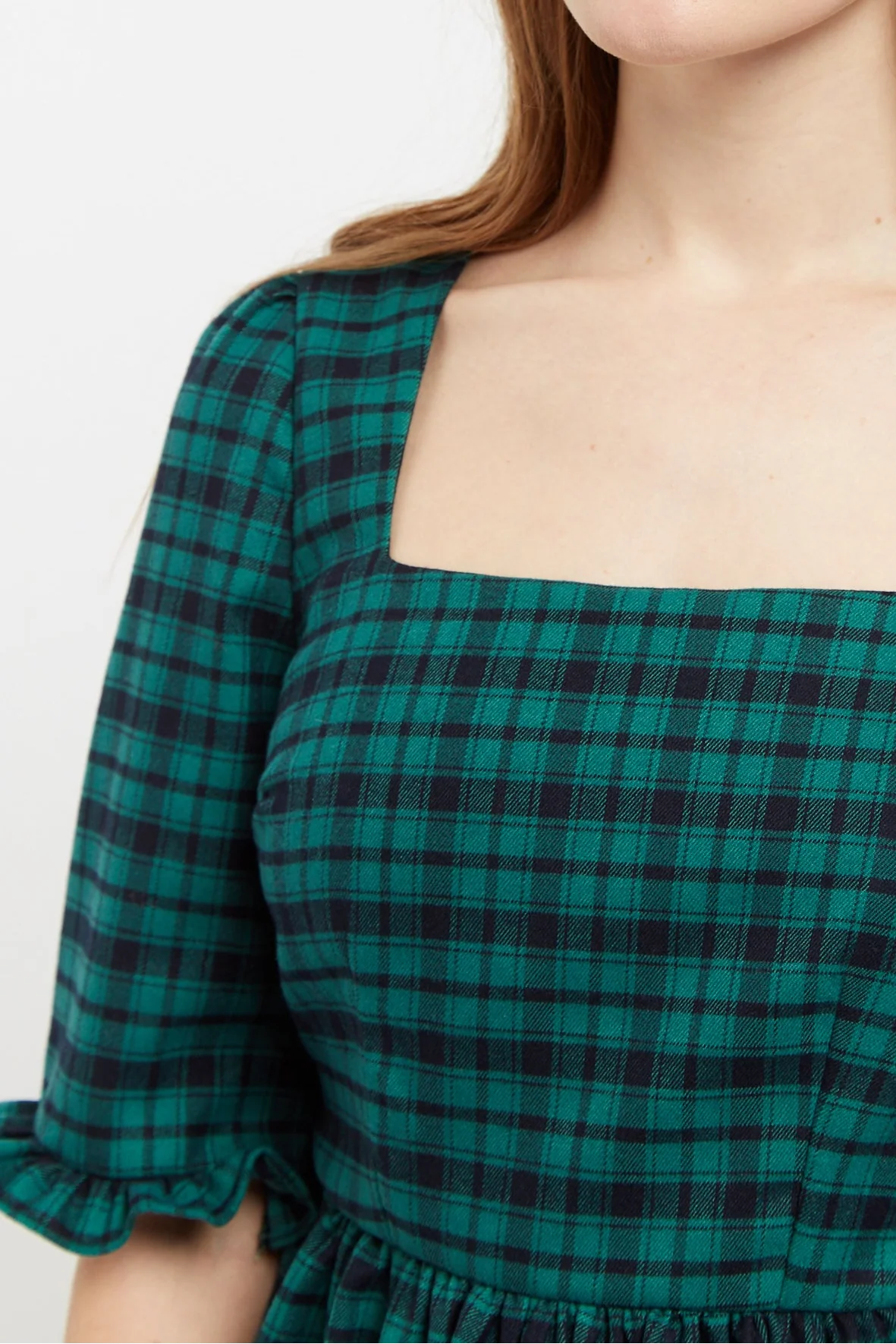 Sassa Winter Gingham Tiered Mini Dress in Green and Black