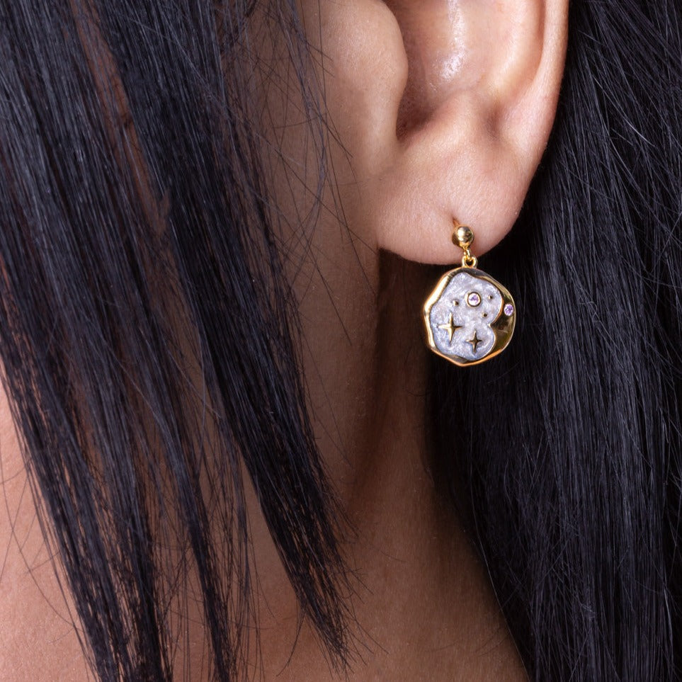 Pink Opal and Pearl Enamel Starry Night Studs Gold