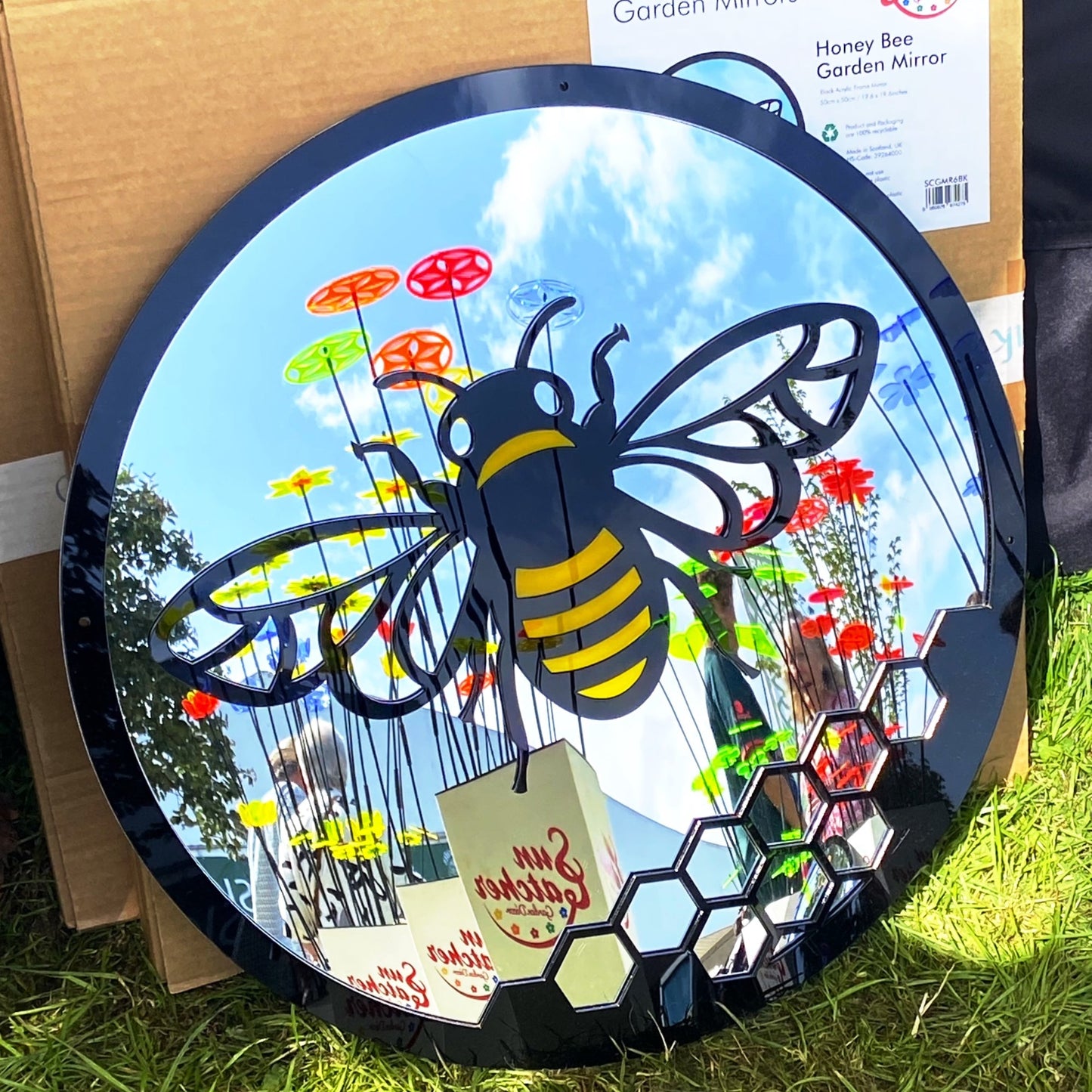 SunCatcher Garden Mirror Round Yellow Honey Bee Range of Sizes
