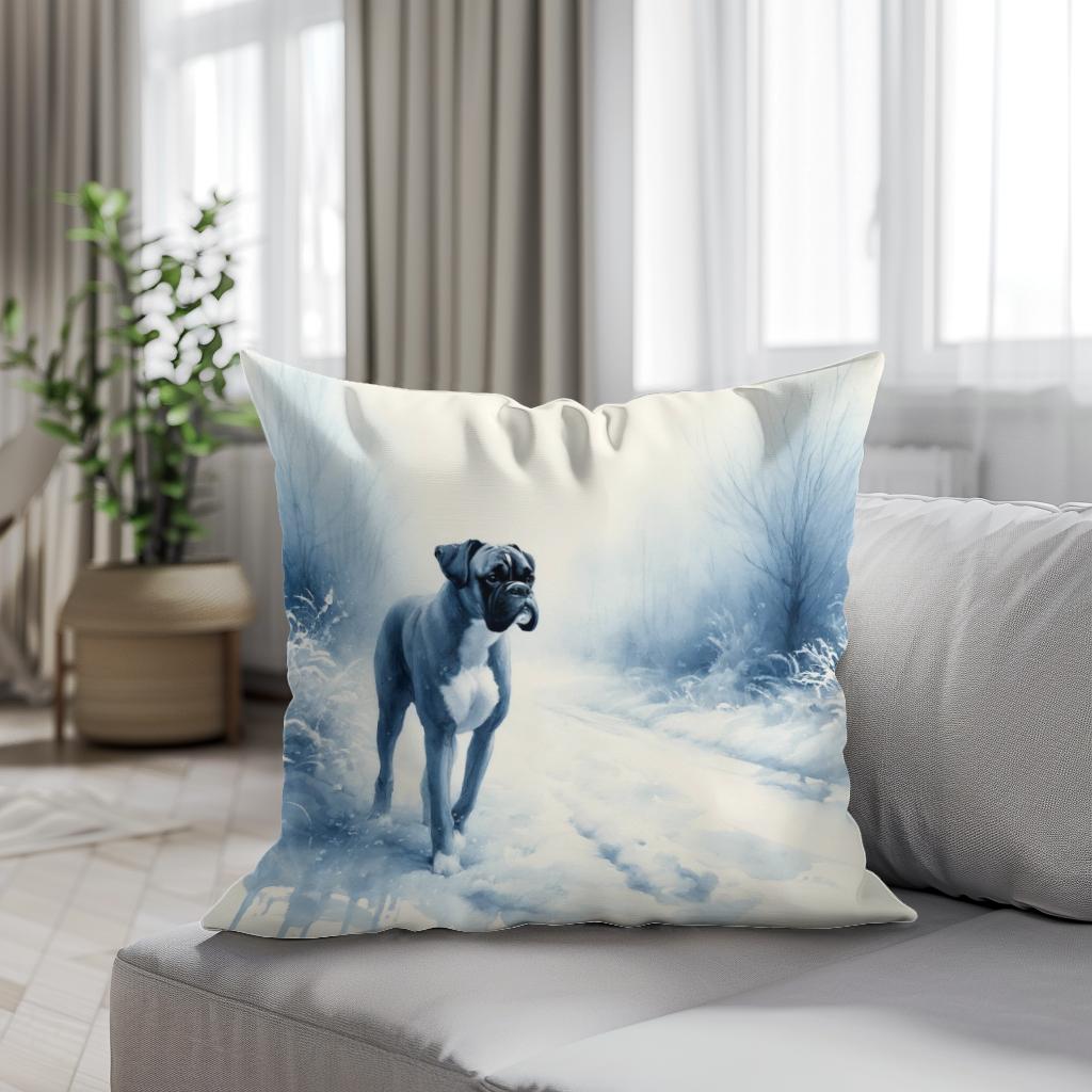 Boxer's Winter Walk Snowy Scene Cotton Cushion