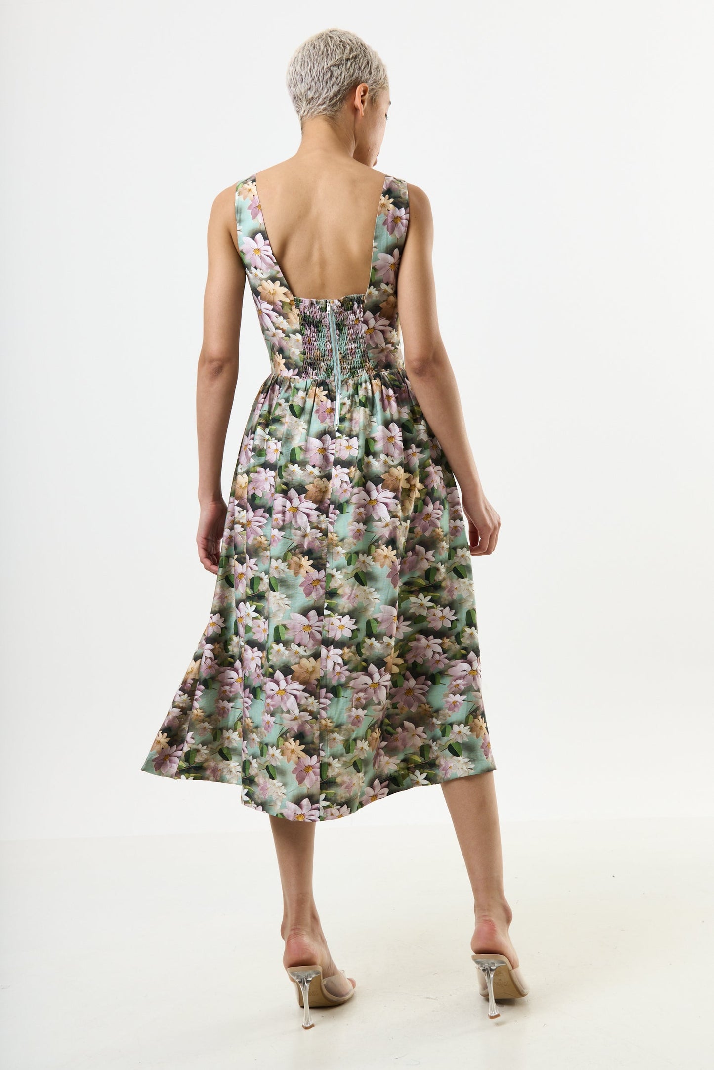 Sherazade 3D Daisy Print Square Neck  Midi Dress - Green