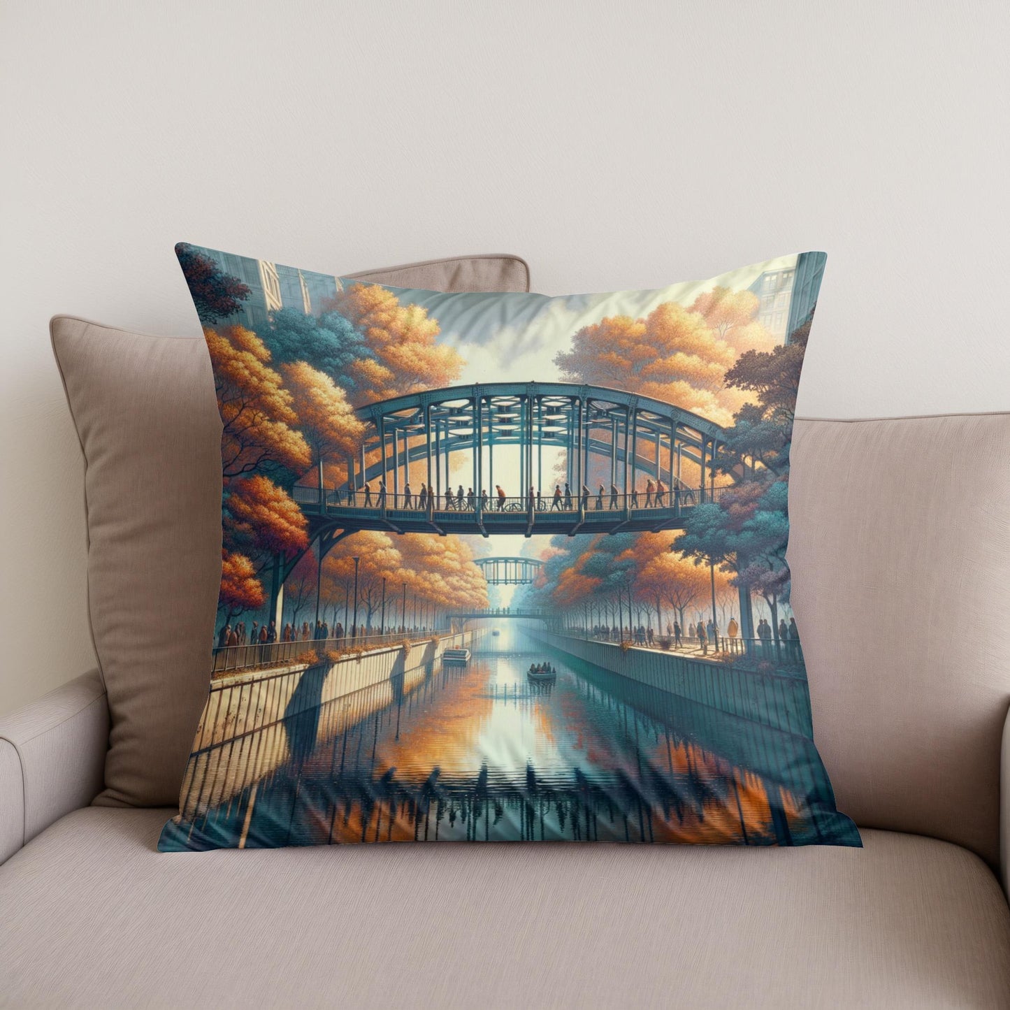 Autumn Urban Bridge Cotton Cushion