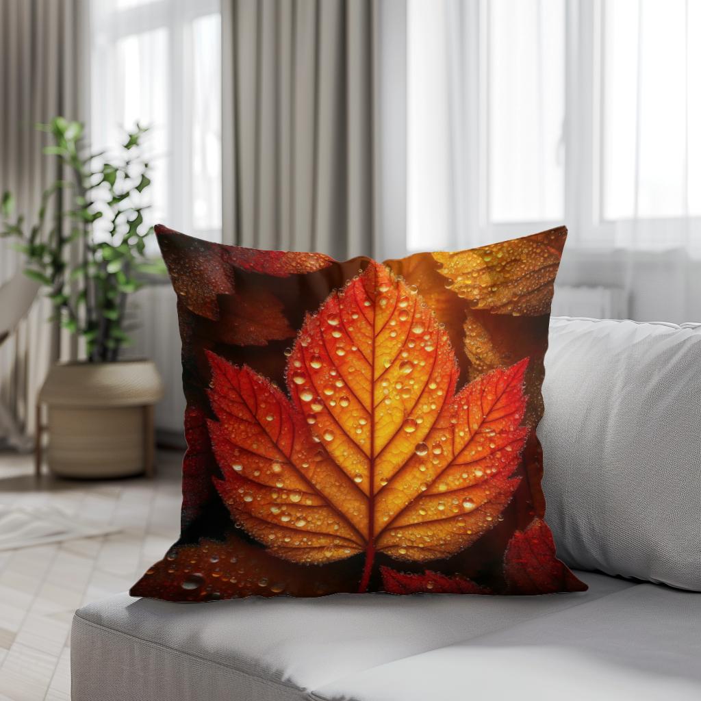 Dew-Kissed Autumn Leaf Cotton Cushion