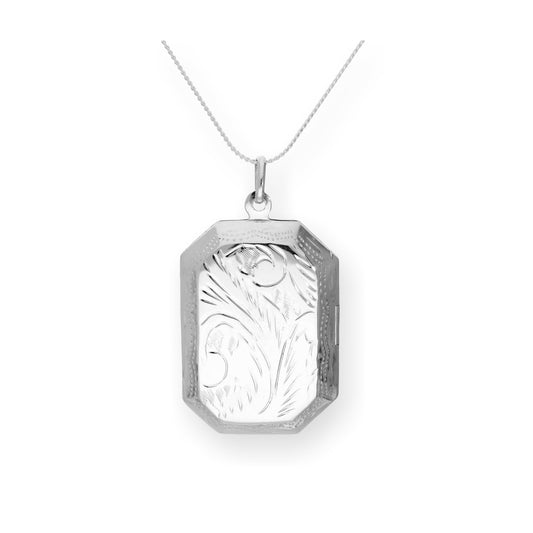 Large Sterling Silver Engraved Octagonal Locket on Chain 16 - 22 Inches