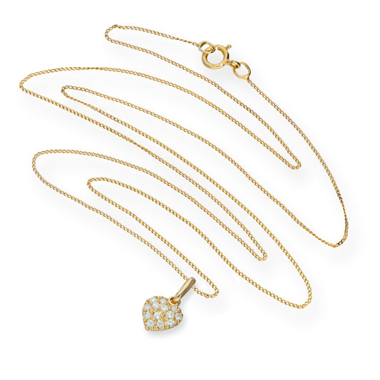 9ct Gold & Clear CZ Crystal Flat Heart Pendant Necklace 16 - 20 Inches