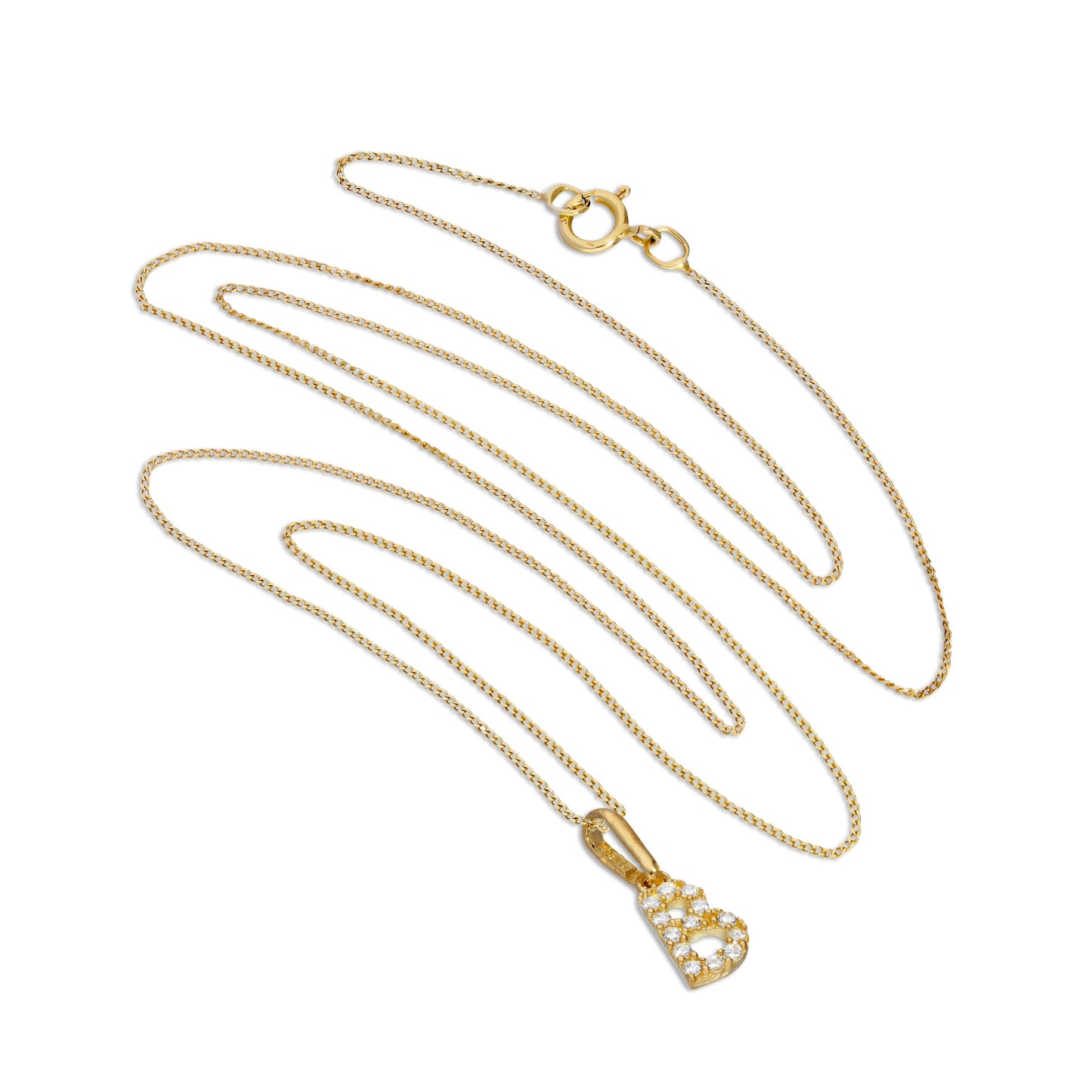 9ct Gold & Clear CZ Crystal Script Alphabet Letter B Necklace 16 - 20 Inches