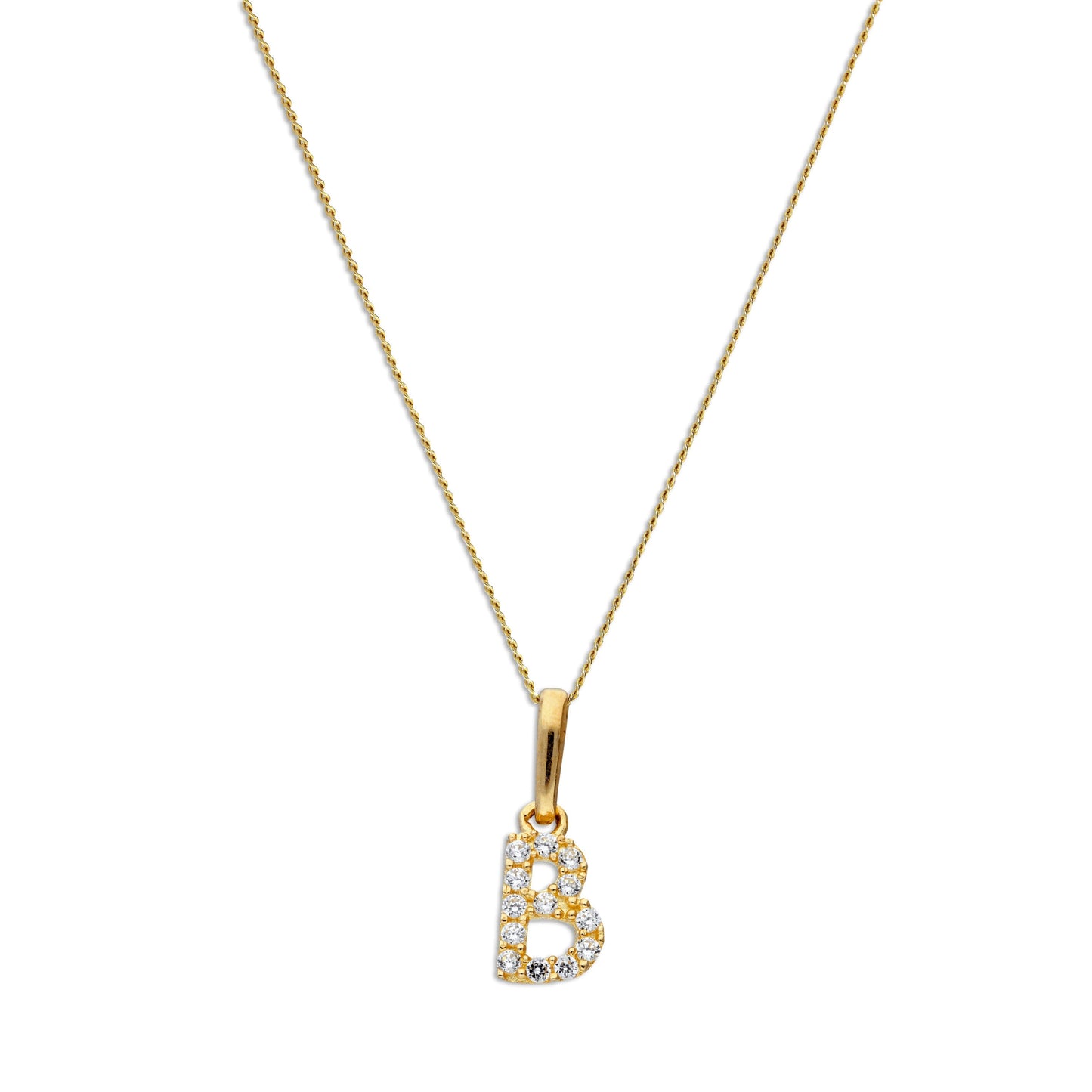 9ct Gold & Clear CZ Crystal Script Alphabet Letter B Necklace 16 - 20 Inches