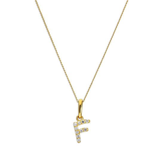 9ct Gold & Clear CZ Crystal Script Alphabet Letter F Necklace 16 - 20 Inches