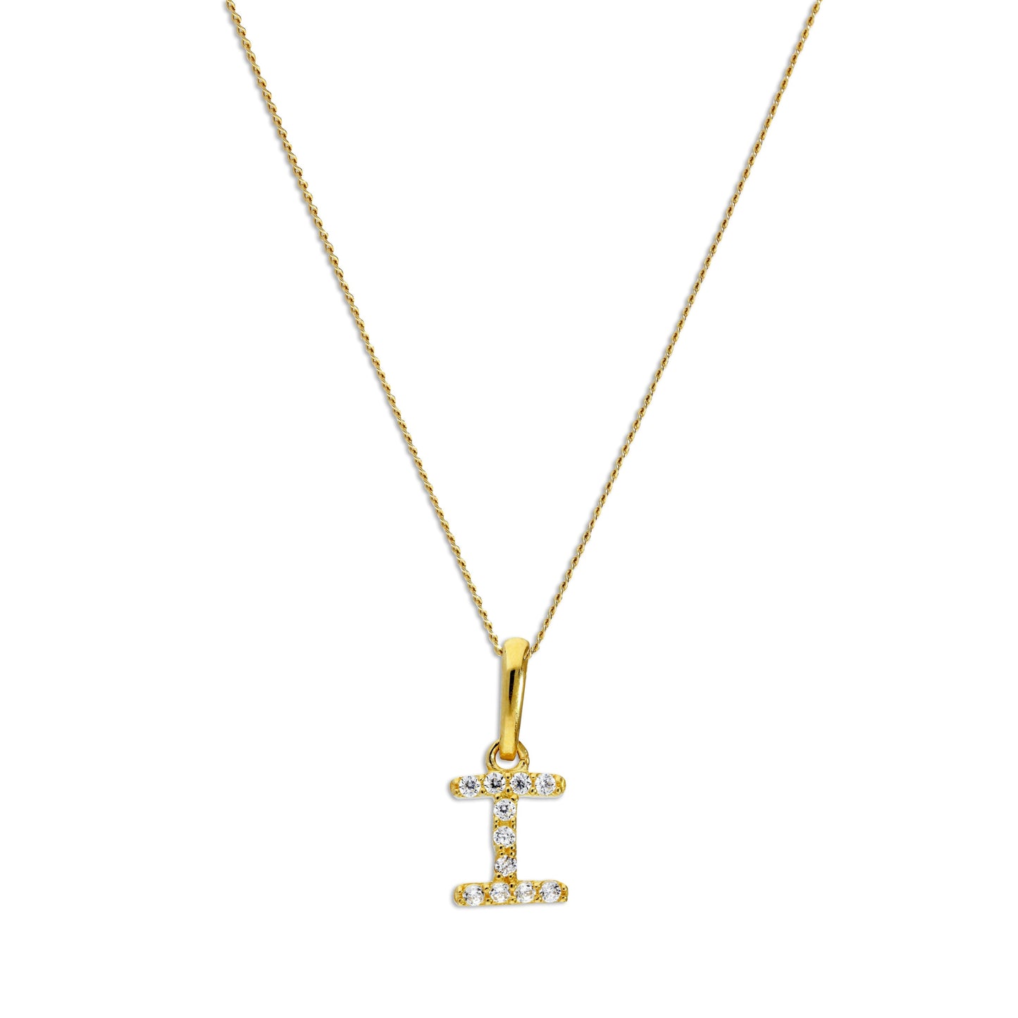 9ct Gold & Clear CZ Crystal Script Alphabet Letter I Necklace 16 - 20 Inches