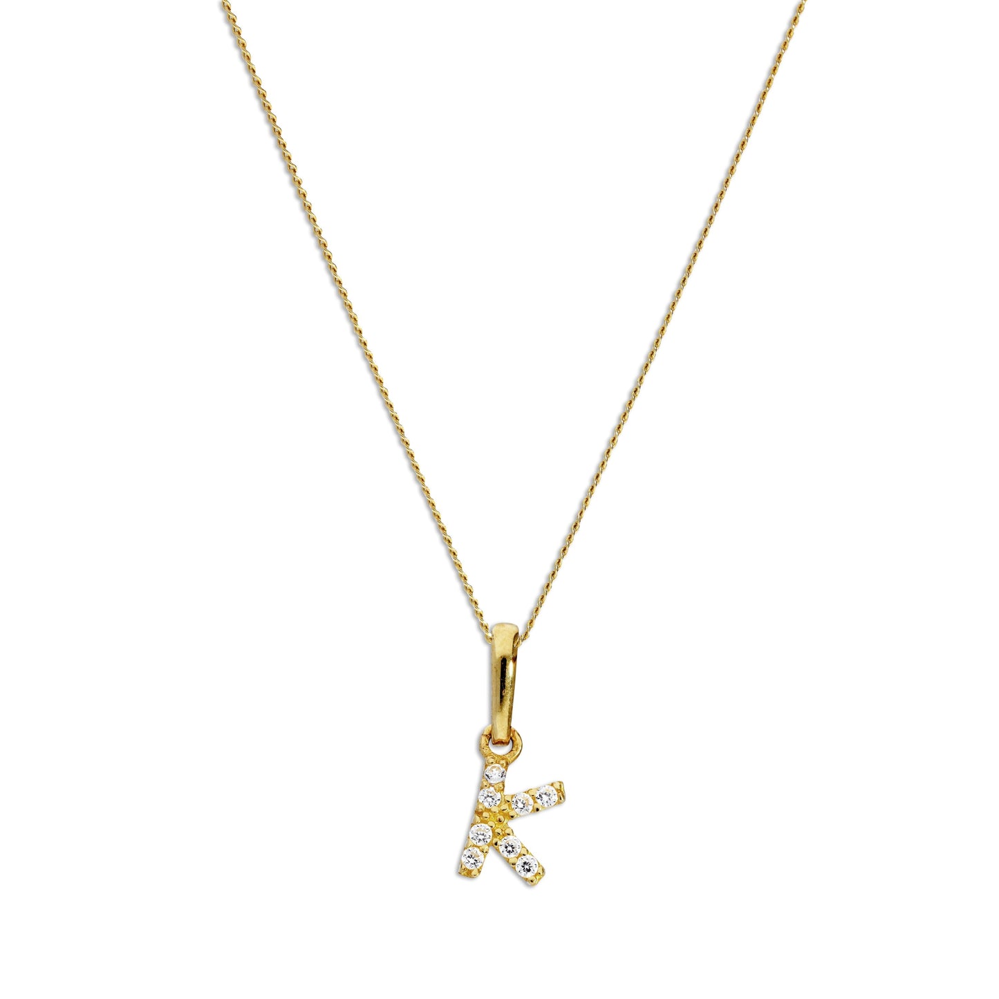 9ct Gold & Clear CZ Crystal Script Alphabet Letter K Necklace 16 - 20 Inches