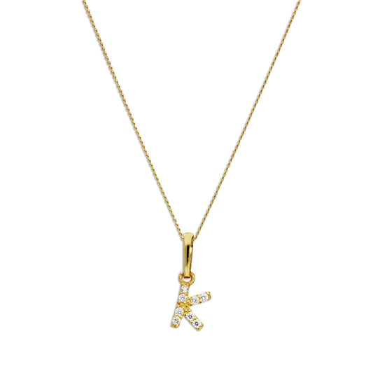 9ct Gold & Clear CZ Crystal Script Alphabet Letter K Necklace 16 - 20 Inches