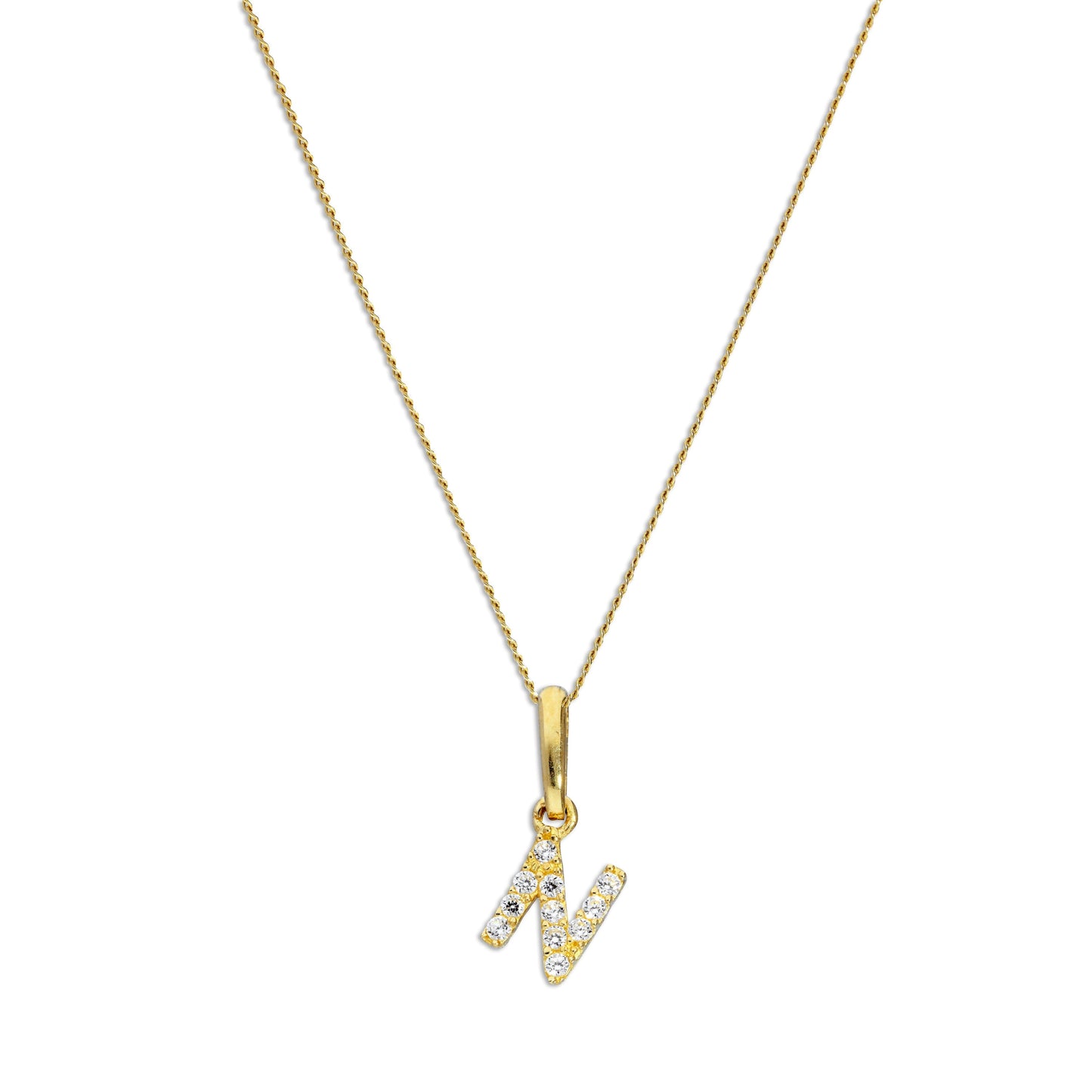 9ct Gold & Clear CZ Crystal Script Alphabet Letter N Necklace 16 - 20 Inches