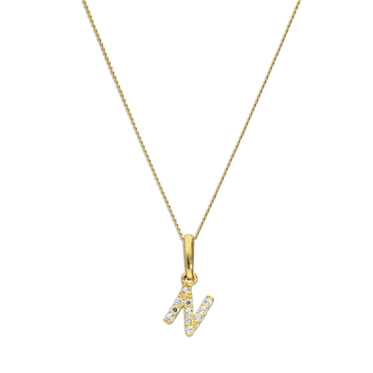 9ct Gold & Clear CZ Crystal Script Alphabet Letter N Necklace 16 - 20 Inches