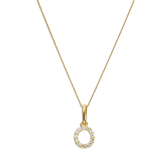 9ct Gold & Clear CZ Crystal Script Alphabet Letter O Necklace 16 - 20 Inches