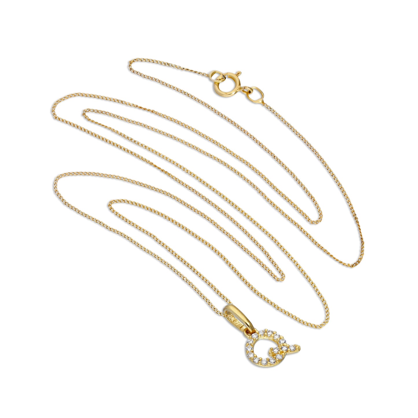 9ct Gold & Clear CZ Crystal Script Alphabet Letter Q Necklace 16 - 20 Inches