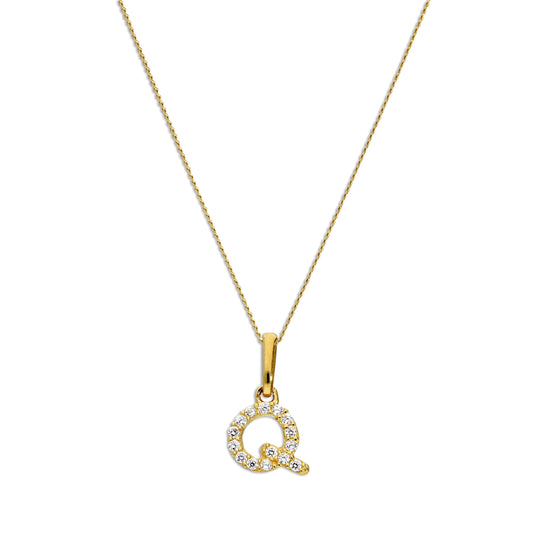 9ct Gold & Clear CZ Crystal Script Alphabet Letter Q Necklace 16 - 20 Inches