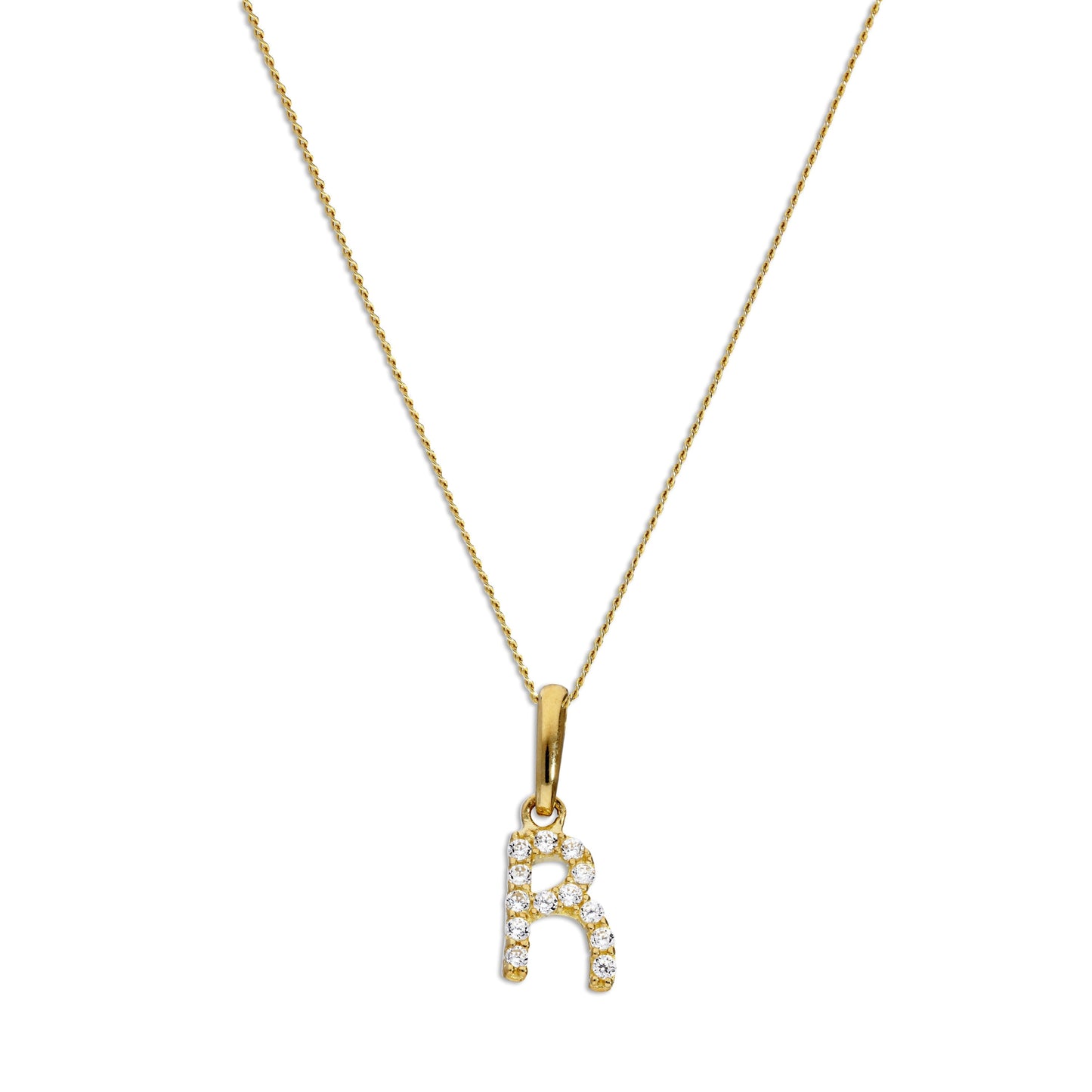 9ct Gold & Clear CZ Crystal Script Alphabet Letter R Necklace 16 - 20 Inches